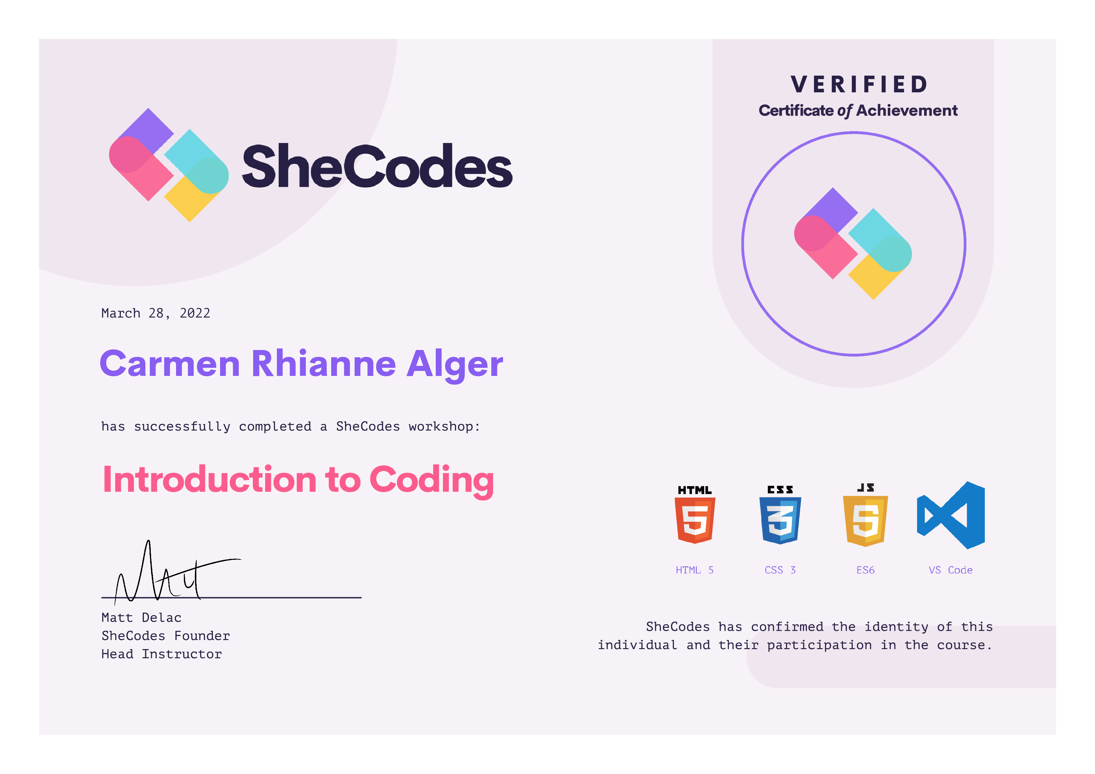 A certificate for the SheCodes basic course