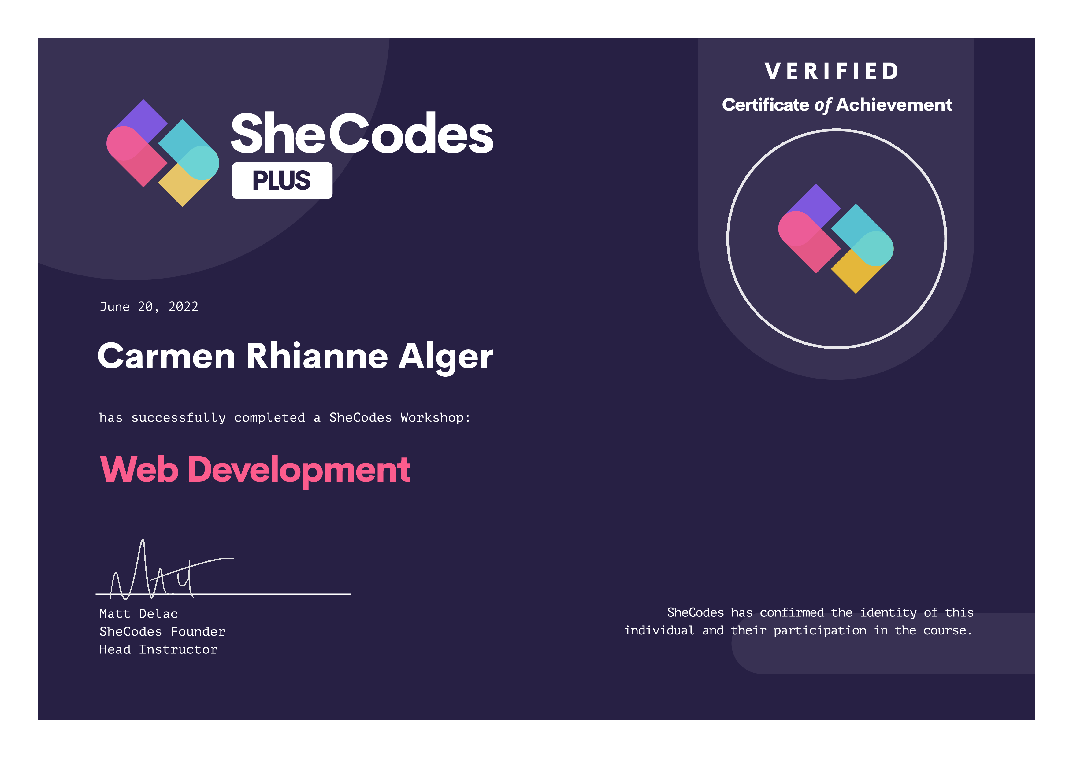 A certificate for the SheCodes Plus course