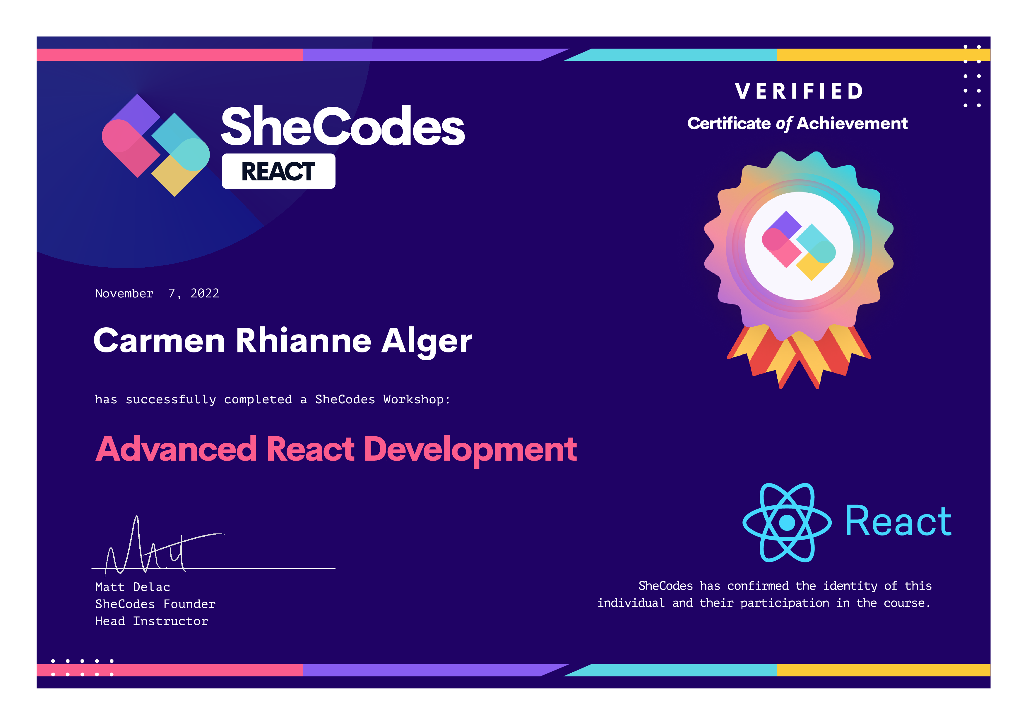 A certificate for the SheCodes React course
