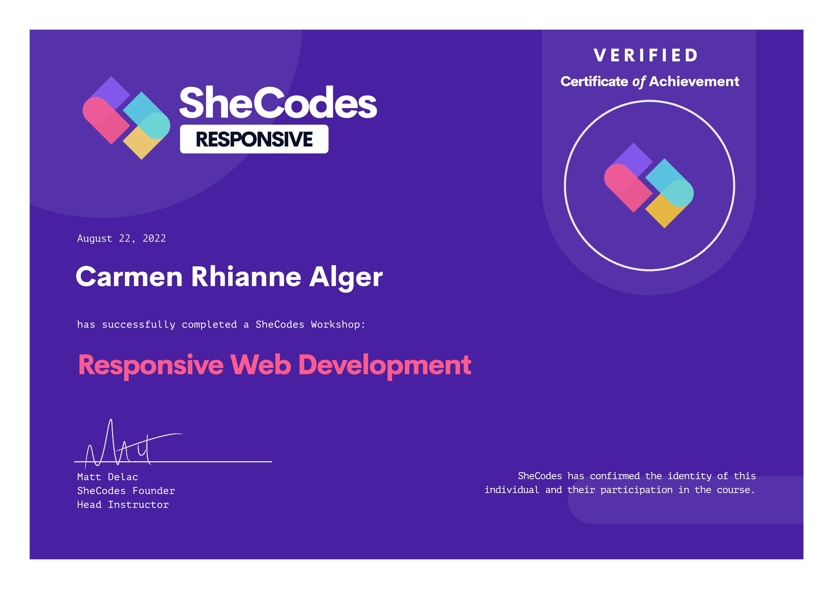 A certificate for the SheCodes Responsive course
